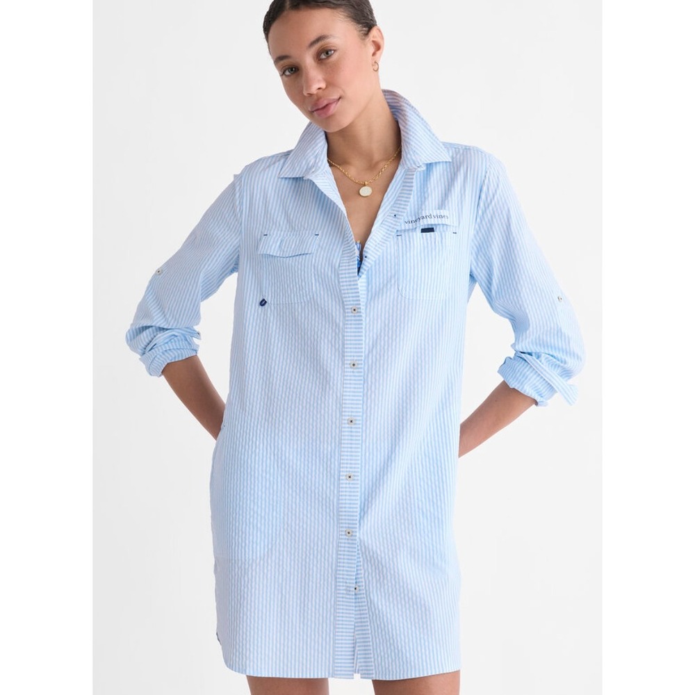 Vineyard Vines Performance Sz 16 Hartley Harbor Seersuck Cover-Up Shirt Dress